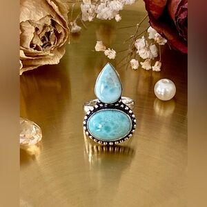 Double Natural Larimar Handcrafted Ring 5.25